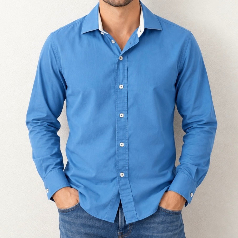 Bugatchi Uomo Mens Blue Long Sleeve Button Down Classic Fit Cotton Shirt